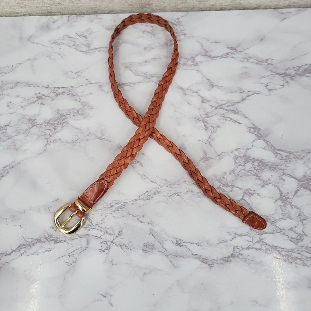 Braided Leather Waist Belt in Cognac with Gold Tone Buckle - Picture 2 of 10